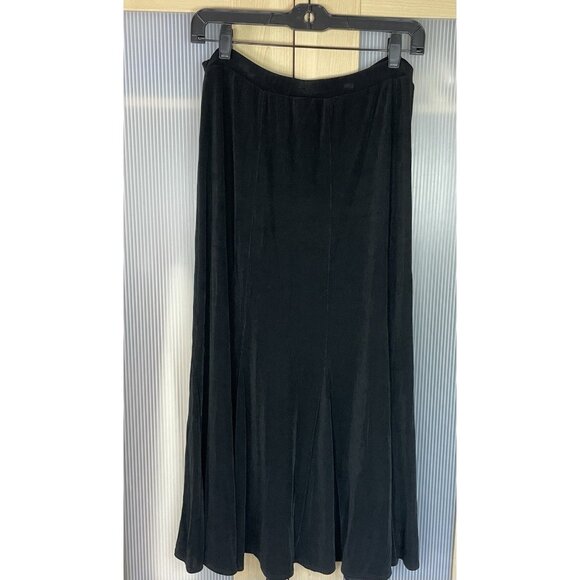 Chicos Travelers Midi Skirt Elastic Waist Flared Slinky Black Jersey Knit 2 12 L - Picture 1 of 3